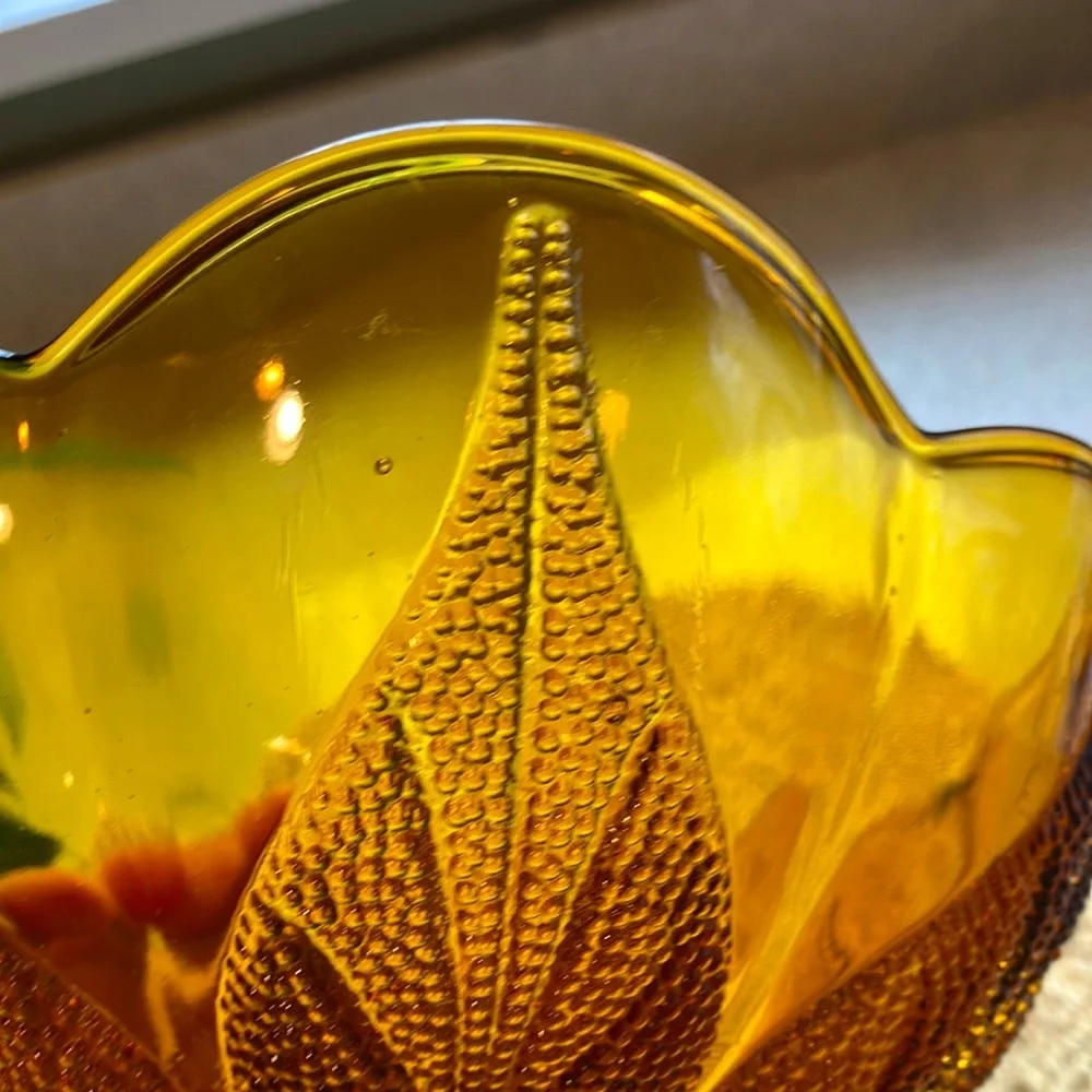Vintage Amber Bowl with Leaf Pattern